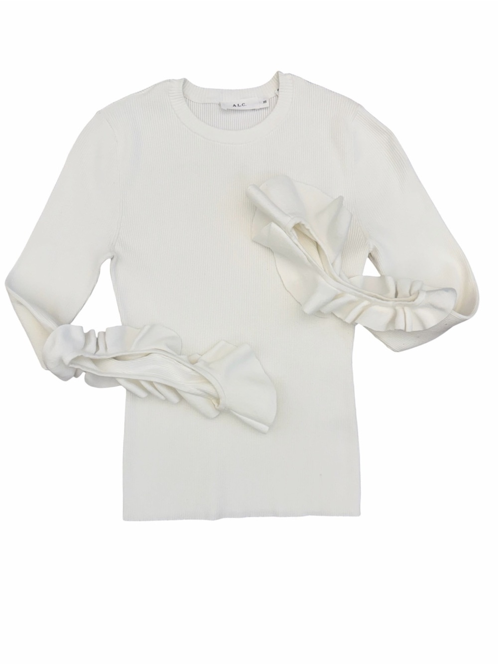A.L.C. White Ribbed Crewneck top with ruffled arms